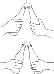 One Line Drawing of Beer Bottles Clinking in Celebration.