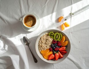 Healthy Breakfast: Oatmeal Bowl with Fresh Fruits and Coffee on White Linen