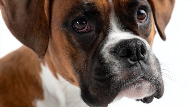 Brown and white boxer dog close-up with expressive eyes and an inquisitive look