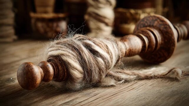 Handspinning freshly cleaned yak wool on a wooden spindle highlighting intimate craftsmanship and the rich texture of natural fibers.
