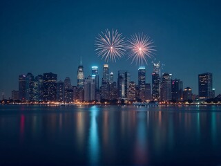 Obraz premium Fireworks Over Modern City Skyline at Night