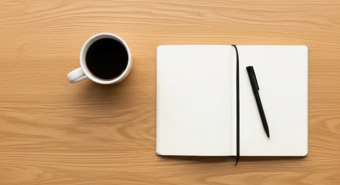 Overhead view of coffee notebook and pen on wooden desk surface