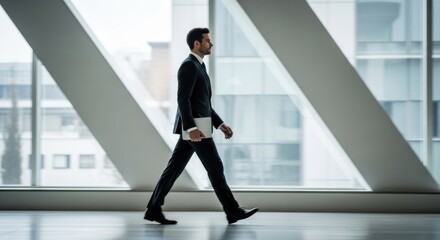 Businessman walks holding a tablet inside modern office building interior.