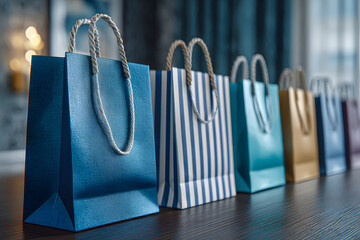 Corporate gifts and souvenirs for company employees, gift bag package for conference participants, presentation of corporate gifts, New Year gift giving at office work, blue white paper bag bunch