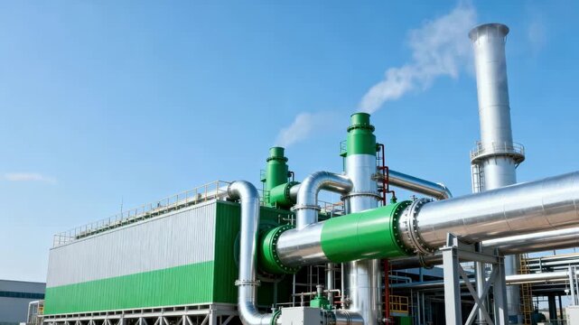 Medium shot of a compact binary cycle power plant featuring a streamlined secondary fluid loop generating efficient green electricity against a clear sky backdrop.