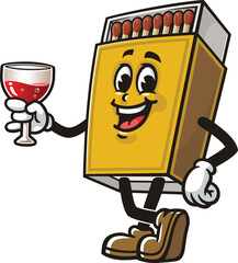Matchstick box mascot cartoon holding a glass of drink