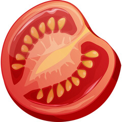 Detailed cross section of a ripe red tomato showing seeds and juicy pulp isolated on a transparent background with vibrant lighting and glossy texture