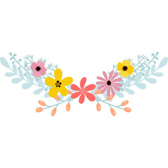 Delicate Floral Arrangement With Pastel Pink Yellow and Coral Flowers and Light Blue Leaves on Transparent Background
