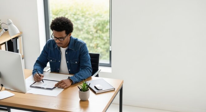 Man working at desk using digital tablet and computer near window.