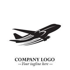 Plane Flying Fast Logo Symbol in Black on the White Background with Dynamic Aviation Design