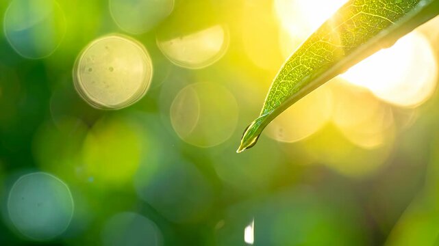 Close up of a water droplet falling from a green leaf in nature.