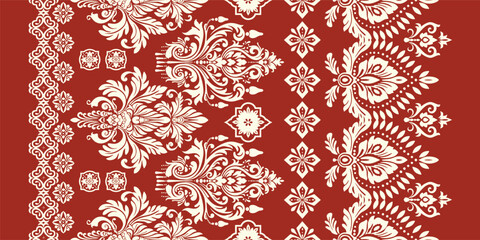 floral pattern vintage ethnic modern embroidery texture boho design vector illustration hand drawn pink flower motif branches leaves wallpaper seamless background border.	