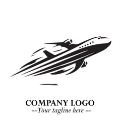 Plane Flying Fast Logo Symbol in Black on the White Background with Dynamic Aviation Design