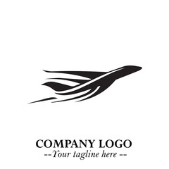 Fototapeta premium Plane Flying Fast Logo Symbol in Black on the White Background with Dynamic Aviation Design