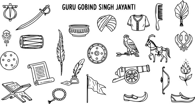 Guru Gobind Singh Jayanti Doodle Art: Collection of Hand-Drawn Sikh Religious Symbols, Cultural Elements  Historical Items, Punjabi Festival Icons