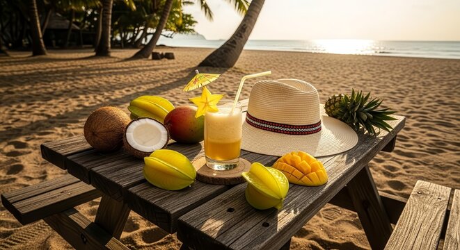 A Refreshing Beachside Tropical Cocktail Drink And Fruits On A Picnic Table