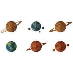 Vector illustration of solar system planets including Earth, Mars, Saturn, and other celestial bodies with rings and moons, designed in flat cartoon style for astronomy, science, or space education th © Cahyo
