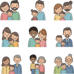 Create a kinds of deferent Smiling family simple vector illustration set material vector art with white background.