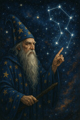 Wise Wizard Casting Spells in a Starry Night Sky with Constellations