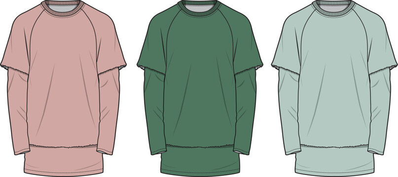 Fashion technical flat sketches of a layered raglan t-shirt with long and short sleeves. Apparel design vector template for clothing mockups