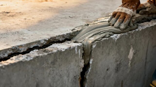 Closeup medium shot of hands smoothing hydraulic cement into a deep foundation crack for longlasting waterproof sealing.