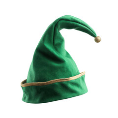 A traditional green elf hat featuring a gold band and a small golden bell on its curved tip shown on a black background