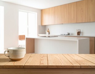 Rustic Kitchen Scene with Coffee Cup on Wooden Table, Blurred Background