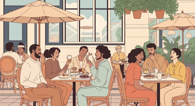 A diverse group of friends enjoying a meal together at an outdoor cafe on a sunny day. - Powered by Adobe