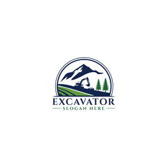 Excavator Construction Logo with Mountain and Forest Landscape