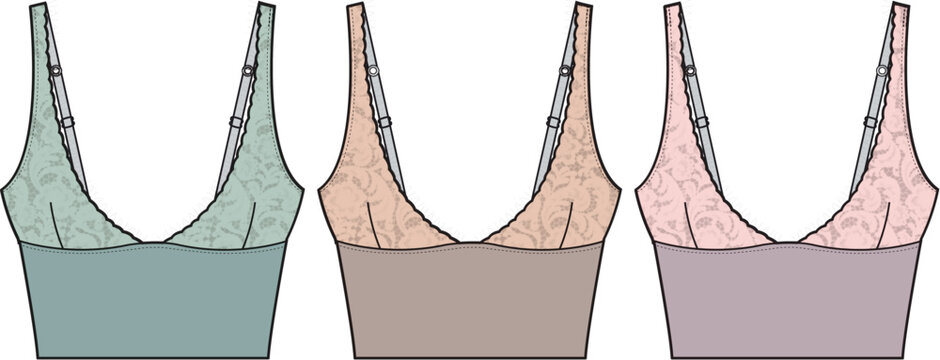 Collection of illustrated women's bralettes in soft pastel hues, showcasing a comfortable and feminine apparel design with adjustable straps