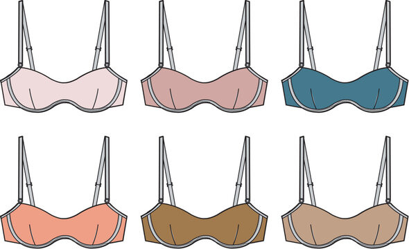 Vector collection of women's underwire bras in multiple colors. Technical fashion flat sketch for apparel design and lingerie manufacturing