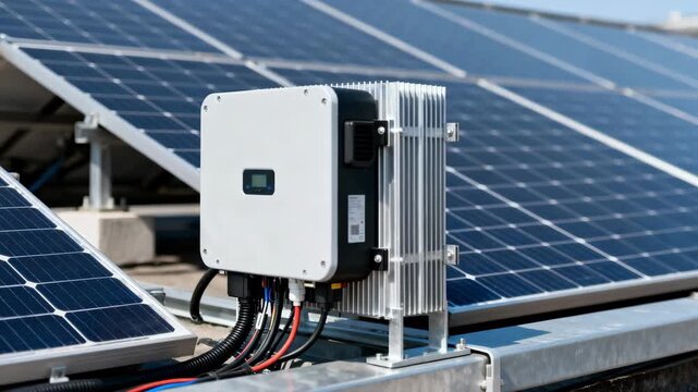 Closeup medium shot of a multiphase micro inverter setup on rooftop solar arrays showcasing advanced smallscale panel integration.