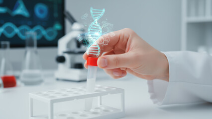 DNA research and longevity study in laboratory with scientist holding test tube near microscope for medical innovation