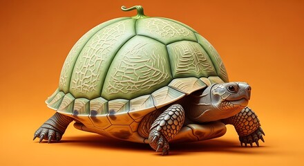 Whimsical tortoise with textured shell perched on warm orange studio backdrop playful 3D portrait