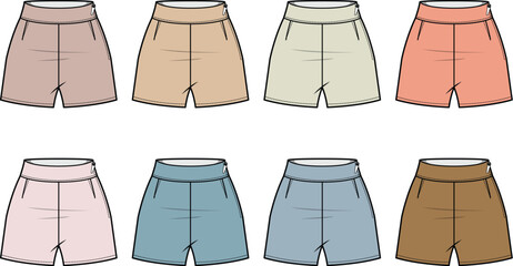 Stylish flat lay apparel illustrations of women's tailored shorts presented in a versatile palette of soft and earthy colors, ideal for modern fashion design resources and clothing mockups