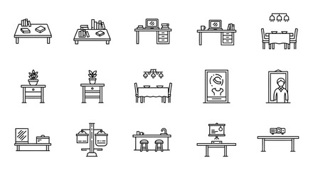 furniture line icons diverse home and office decor representing interior design trends ideal for architectural visualization and space planning projects.