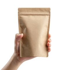 A person's hand holds a blank brown resealable paper pouch against a solid black background an ideal mockup for product packaging design