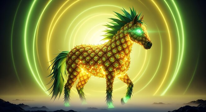 Gleaming golden zebra with spiral neon halo surreal striped equine fantasy composition