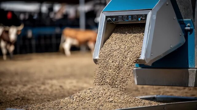 Medium shot capturing a quantitycontrol automated feeding device releasing measured feed amounts to animals highlighting technology that prevents overfeeding and waste.