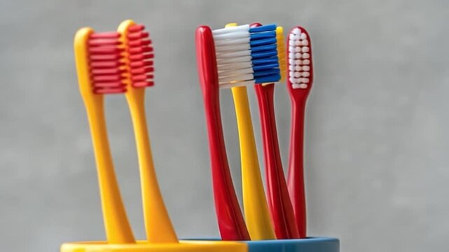 Colorful toothbrushes neatly arranged in a holder against a gray background