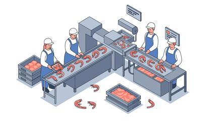 Obraz premium Isometric seafood processing plant with workers sorting and packaging shrimp