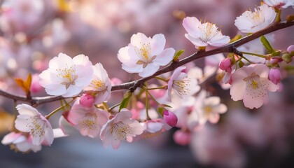 Obraz premium Delicate Pink And White Cherry Blossoms Bloom Profusely On Bare Branches Against A Soft Blurred Background Conveying A Serene And Ephemeral Springtime Mood With Organic Shapes