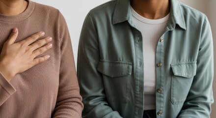 Two women standing close, one with hand on chest, showing empathy and support.