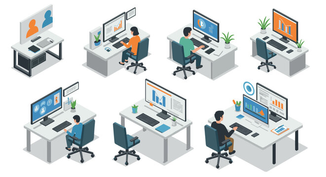 Modern office setup isometric design with diverse employees at desks