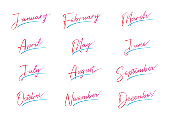 The names of the twelve months with six lines. January, February, March, April, May, June, July, August, September, October, November, December
