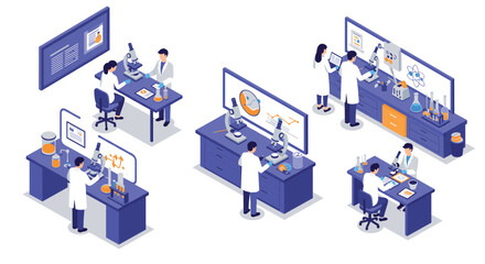 Obraz premium Isometric laboratory scene with scientists conducting experiments and analyzi…