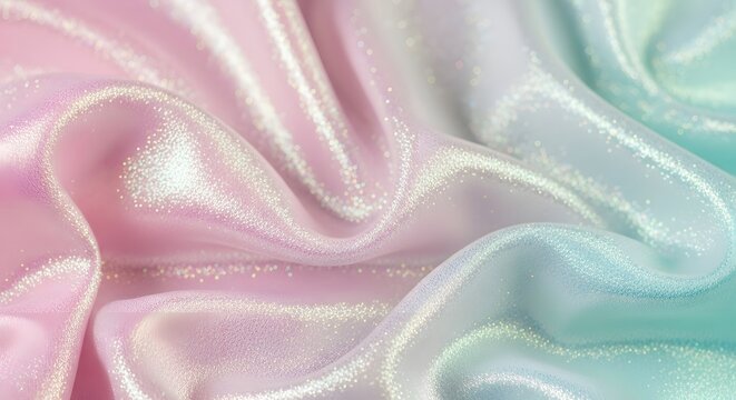 Soft pastel pink and teal iridescent fabric with gentle folds and shimmering highlights - Powered by Adobe