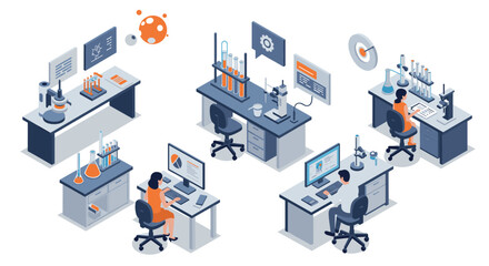 Obraz premium Isometric laboratory workspace with scientists conducting experiments and ana…