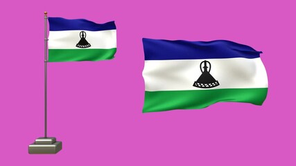 Waving Lesotho Flag 3D Animation with Pole and Pink Background