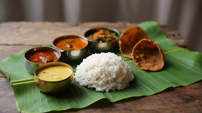 Traditional South Indian Meals Served on Banana Leaf Rice, Curri